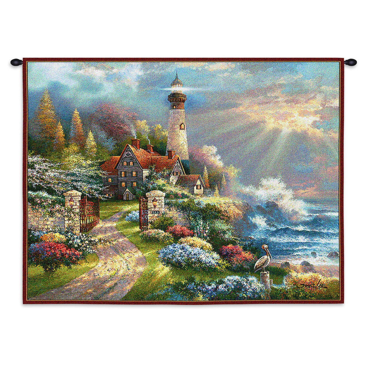 Coastal Splendor, Woven Tapestry Wall Art Hanging, Colorful Cottage  Lighthouse Scene