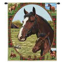 Thoroughbred Mare and Foal | Woven Tapestry Wall Art Hanging | Horse and Foal on Plaid with Equestrian Imagery | 100% Cotton USA Size 34x26 Wall Tapestry