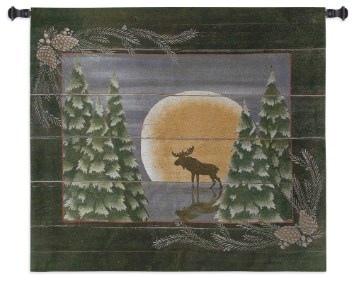 Moonlight Moose | Woven Tapestry Wall Art Hanging | Whimsical Forest Wildlife in Lunar Light Cabin Lodge Decor | 100% Cotton USA Size 34x26 Wall Tapestry