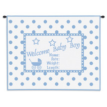Welcome Baby Blue | Woven Tapestry Wall Art Hanging | Whimsical Newborn Commemoration with Polka Dots | 100% Cotton USA Size 34x26 Wall Tapestry