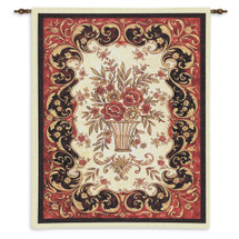 Red Tapestry | Woven Tapestry Wall Art Hanging | Red Flowers in Decorative Pot with Filigree Border | 100% Cotton USA Size 33x26 Wall Tapestry