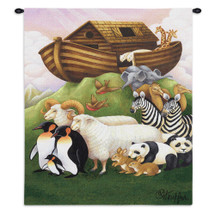 Exiting the Ark by Stephanie Stouffer | Woven Tapestry Wall Art Hanging | Diverse Animal Pairs in Biblical Christian Artwork | 100% Cotton USA Size 34x26 Wall Tapestry