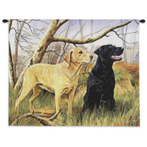 Labrador Retrievers by Robert May | Woven Tapestry Wall Art Hanging | Black and Yellow Lab in Woods Oil Painting | 100% Cotton USA Size 34x26 Wall Tapestry