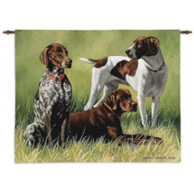 Variations on a Breed by Bob Christice | Woven Tapestry Wall Art Hanging | Lifelike Hunting Dogs Huddled on the Grass | 100% Cotton USA Size 34x26 Wall Tapestry