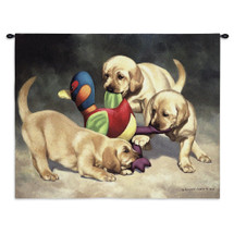 I've Got It by Bob Christie | Woven Tapestry Wall Art Hanging | Labrador Puppies Playing with Toy | 100% Cotton USA Size 34x26 Wall Tapestry