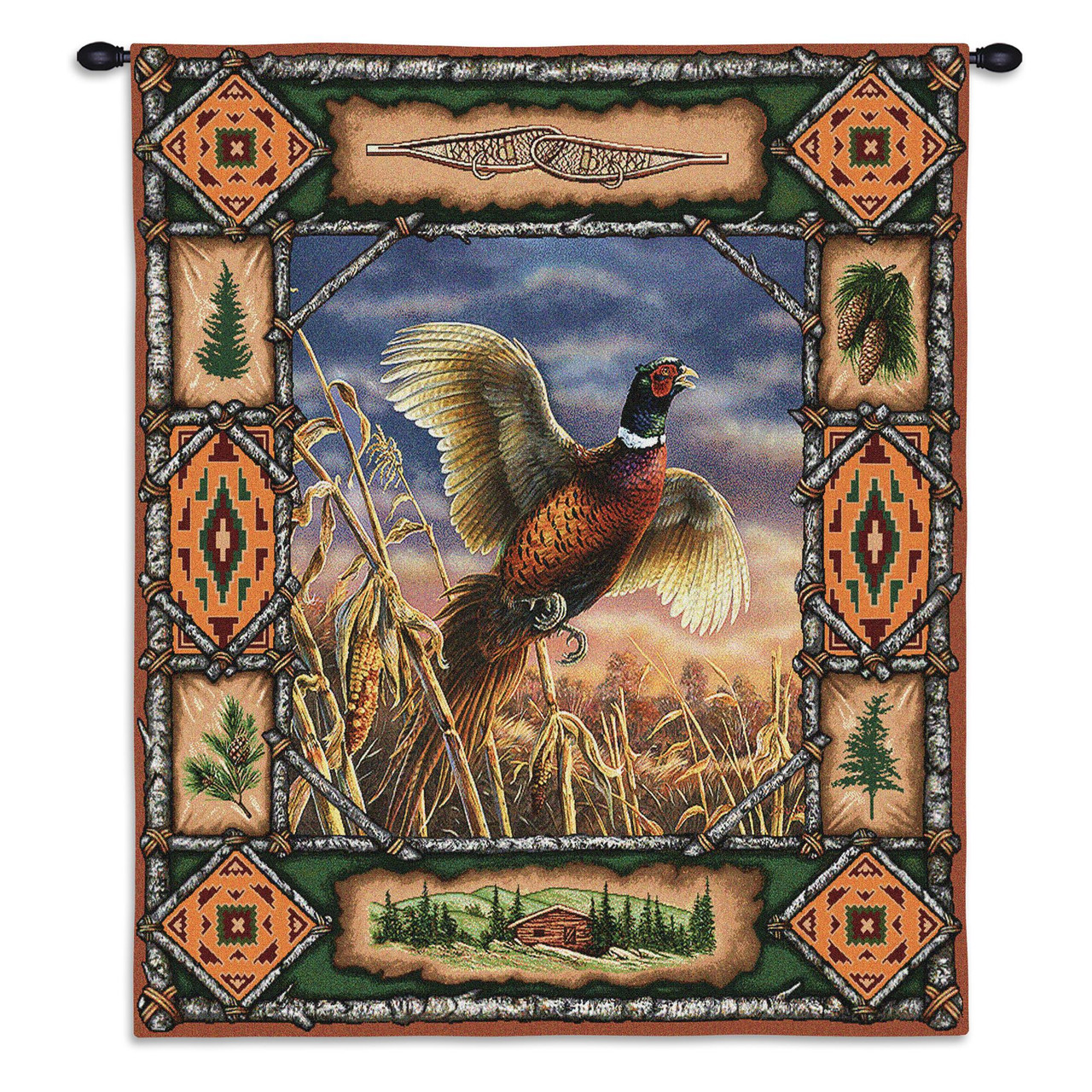 Pheasant Lodge Woven Tapestry Wall Art Hanging Rustic Hunting Cabin Decor 100 Cotton Usa Size 33x26