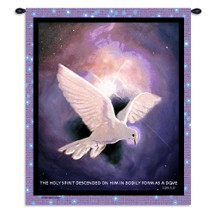 Holy Spirit | Woven Tapestry Wall Art Hanging | Symbolic White Dove on Cosmic Night Sky with Bible Phrase | 100% Cotton USA Size 34x26 Wall Tapestry
