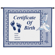 Birth Certificate Blue | Woven Tapestry Wall Art Hanging | Baby Birth Blue Embroidery with Stork | 100% Cotton USA Size 33x26 Wall Tapestry