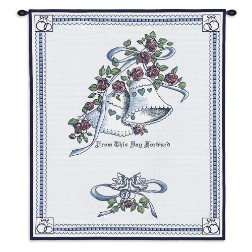 Matrimony Blue Wedding | Woven Tapestry Wall Art Hanging | Bells Adorned with Roses - Lovely Wedding Gift | 100% Cotton USA Size 33x26 Wall Tapestry