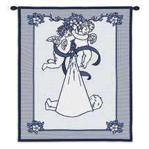 New Angel and Baby Blue | Woven Tapestry Wall Art Hanging | Baby Announcement Cherub Embroidery in Blue | 100% Cotton USA Size 33x26 Wall Tapestry