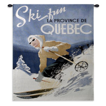 Ski Quebec | Woven Tapestry Wall Art Hanging | Vintage Canadian Whimsical Ski Poster Art | 100% Cotton USA Size 32x27 Wall Tapestry