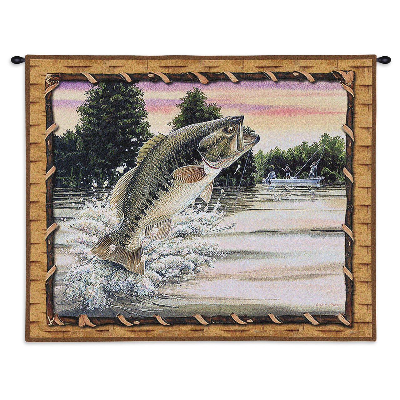 Bass Attack | Woven Tapestry Wall Art Hanging | Bass Outdoorsman Fishing  Cabin Lodge Decor | Cotton | Made in the USA | Size 32x26