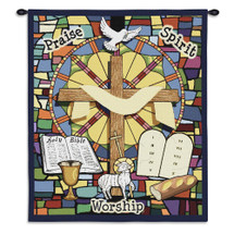 Sunday School | Woven Tapestry Wall Art Hanging | Religious Imagery on Beautiful Stained Glass Window | 100% Cotton USA Size 34x26 Wall Tapestry