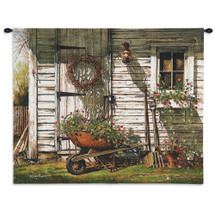 Spring Cleaning by John Rossini | Woven Tapestry Wall Art Hanging | Lovely Floral Rustic Barn with Wheel Barrow | Cotton | Made in the USA | Size 32x27 Wall Tapestry