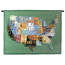 USA Tags by Aaron Foster | Woven Tapestry Wall Art Hanging | Vintage License Plate USA Map | 100% Cotton USA Size 34x26 Wall Tapestry