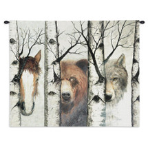 Trio | Woven Tapestry Wall Art Hanging | Diverse Wildlife among Birch Trees | Cotton | Made in the USA | Size 34x26 Wall Tapestry