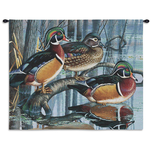 Backwater Woodies Wood Duck by Cynthie Fisher | Woven Tapestry Wall Art Hanging | Rustic Forest Wild Bird Study | 100% Cotton USA Size 34x26 Wall Tapestry