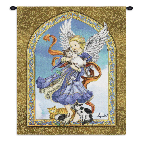 Guardian Angel and Cats by Lugrid | Woven Tapestry Wall Art Hanging | Bold Spiritual Protector with Cuddly Cats | 100% Cotton USA Size 34x26 Wall Tapestry