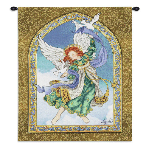 Peaceful Guardian Angel by Lugrid | Woven Tapestry Wall Art Hanging | Beautiful Serene Protector with White Doves | 100% Cotton USA Size 34x26 Wall Tapestry