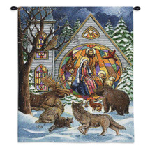 Snowfall Nativity | Woven Tapestry Wall Art Hanging | Animals Observing Stained Glass Nativity Christian Decor | 100% Cotton USA Size 34x26 Wall Tapestry