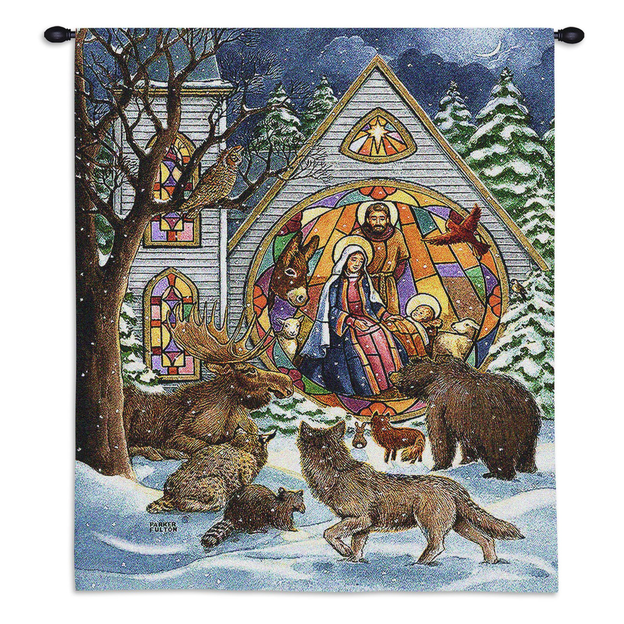 Snowfall Nativity Woven Tapestry Wall Art Hanging Animals Observing