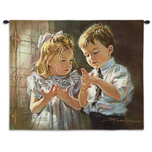 Here is the Church | Woven Tapestry Wall Art Hanging | Churchgoing Children Playing Church Rhyme Game | 100% Cotton USA Size 34x26 Wall Tapestry