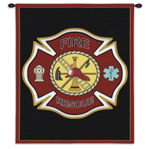 Firefighter Shield | Woven Tapestry Wall Art Hanging | Fire Department Imagery on Crest | 100% Cotton USA Size 36x24 Wall Tapestry