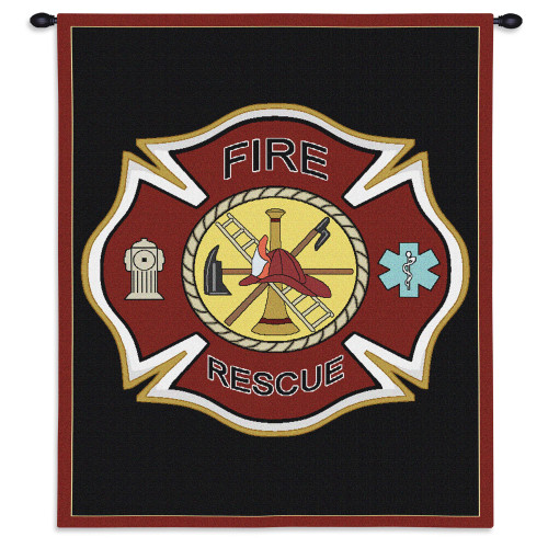 Firefighter Shield | Woven Tapestry Wall Art Hanging | Fire Department Imagery on Crest | 100% Cotton USA Size 36x24 Wall Tapestry