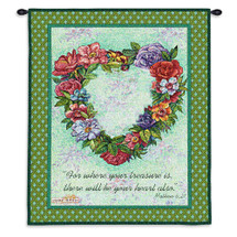 Treasured Heart | Woven Tapestry Wall Art Hanging | Floral Heart Wreath with Bible Scripture Religious Artwork | 100% Cotton USA Size 34x26 Wall Tapestry