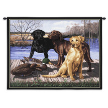The Board Meeting by Bob Christie | Woven Tapestry Wall Art Hanging | Labradors Waiting on Dock with Ducks | Cotton | Made in the USA | Size 34x26 Wall Tapestry