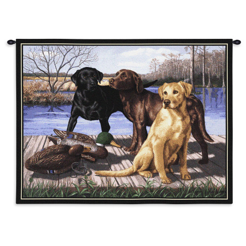 The Board Meeting by Bob Christie | Woven Tapestry Wall Art Hanging | Labradors Waiting on Dock with Ducks | Cotton | Made in the USA | Size 34x26 Wall Tapestry