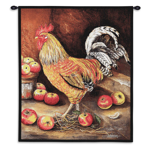English Cockerel by Alexandra Churchill | Woven Tapestry Wall Art Hanging | Regal Barnyard Rooster amongst Apples | Cotton | Made in the USA | Size 34x26 Wall Tapestry