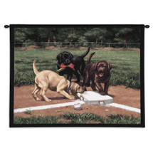 Stealing 2nd by Bob Christie | Woven Tapestry Wall Art Hanging | Adorable Colorful Labs Playing on Baseball Field | Cotton | Made in the USA | Size 34x26 Wall Tapestry