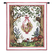 Rock-a-Bye Pink | Woven Tapestry Wall Art Hanging | Whimsical Baby Basket amongst Forest Creatures | 100% Cotton USA Size 34x26 Wall Tapestry