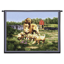 Golden Retriever with Puppies by Bob Christie | Woven Tapestry Wall Art Hanging | Dog Family on River Meadow | 100% Cotton USA Size 34x26 Wall Tapestry