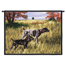 Now We Wait German Shorthaired Pointer by Bob Christie | Woven Tapestry Wall Art Hanging | Adult and Puppy Hunting in Grassy Field | 100% Cotton USA Size 34x26 Wall Tapestry