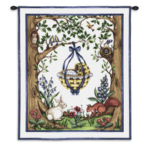 Rock-a-Bye Blue | Woven Tapestry Wall Art Hanging | Whimsical Baby Basket amongst Forest Creatures | 100% Cotton USA Size 34x26 Wall Tapestry
