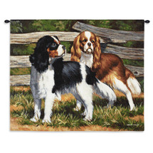 Fence Line Cocker Spaniel Dog by Bob Christie | Woven Tapestry Wall Art Hanging | Pair of Exploring Dogs Oil Painting | 100% Cotton USA Size 34x26 Wall Tapestry