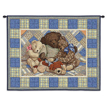Bear Hugs | Woven Tapestry Wall Art Hanging | Vintage Cuddling Stuffed Animals on Plaid | 100% Cotton USA Size 31x25 Wall Tapestry