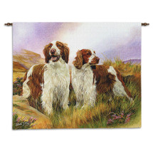 Welsh Springer Spaniel by Robert May | Woven Tapestry Wall Art Hanging | Happy Dog Pair on Dreamy Field Oil Painting | 100% Cotton USA Size 34x26 Wall Tapestry