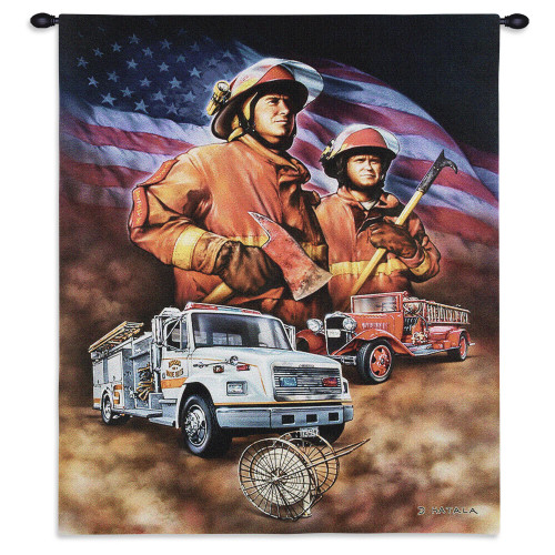 Firefighter | Woven Tapestry Wall Art Hanging | Heroic American Firemen with Fire Engines | 100% Cotton USA Size 36x24 Wall Tapestry