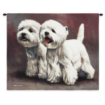 West Highland White Terrier III by Bob Christie | Woven Tapestry Wall Art Hanging | Delightful Pair of Adorable Puppies Oil Painting | 100% Cotton USA Size 33x26 Wall Tapestry