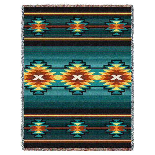 Aydin - Turquoise - Southwest Native American Inspired Tribal Camp - Cotton Woven Blanket Throw - Made in the USA (72x54) Tapestry Throw