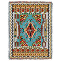 Painted Hills -Turquoise - Southwest Native American Inspired Tribal Camp - Cotton Woven Blanket Throw - Made in the USA (72x54) Tapestry Throw