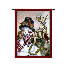 Snowman and Prancer | Woven Tapestry Wall Art Hanging | Snowy Christmas Decor with Santa's Reindeer | 100% Cotton USA Size 32x27 Wall Tapestry