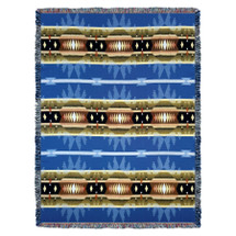 Cimarron - Blue - Southwest Native American Inspired Tribal Camp - Cotton Woven Blanket Throw - Made in the USA (72x54) Tapestry Throw