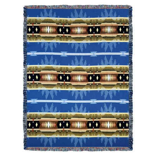 Cimarron - Blue - Southwest Native American Inspired Tribal Camp - Cotton Woven Blanket Throw - Made in the USA (72x54) Tapestry Throw
