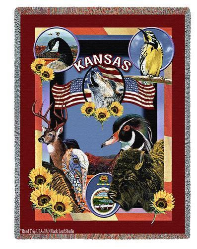 State of Kansas - Dwight D Kirkland - Cotton Woven Blanket Throw - Made in the USA (72x54) Tapestry Throw