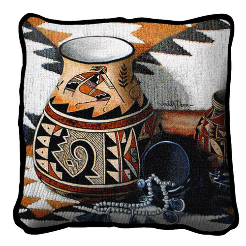 Kokopelli Pot Textured Hand Finished Elegant Woven Throw Pillow Cover 100% Cotton Made in the USA Size 17x17 Pillow