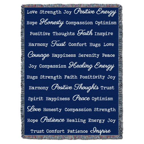 Positive Words Hug - Dark Blue - Cotton Woven Blanket Throw - Made in the USA (72x54) Tapestry Throw